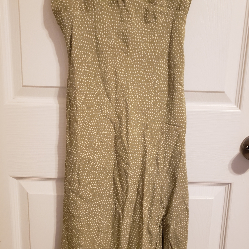 Hello Molly Olive Green Polka Dot Slip Midi Dress with Side Slit - Picture 3 of 15